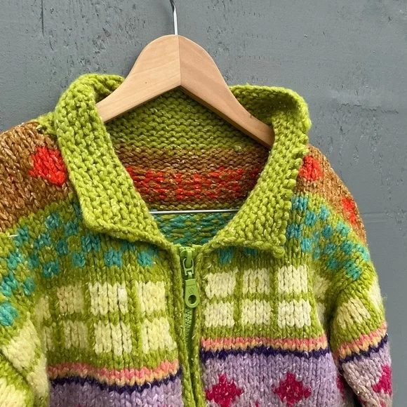 Vintage Chunky knite Cardigan Sweaters Colorful Knit Zip-Up Sweater Kids Unisex - Picture 5 of 5